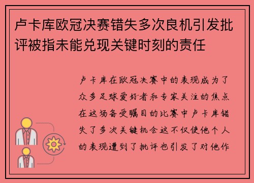 卢卡库欧冠决赛错失多次良机引发批评被指未能兑现关键时刻的责任